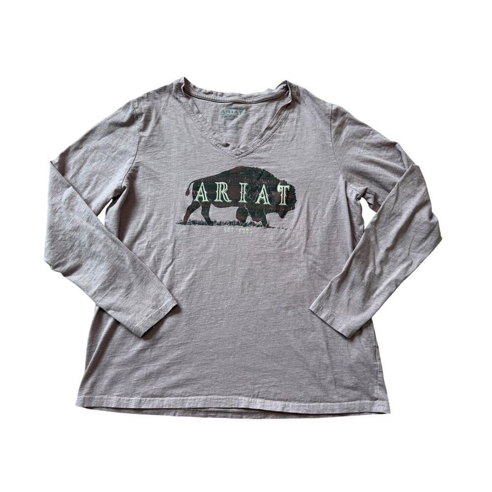 ARIAT V Neck; long sleeve T shirt; Chest log, Mauve Pink, size women's LG